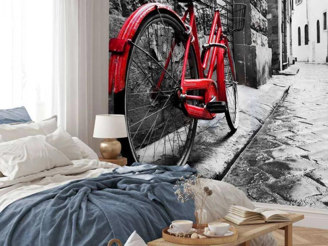 rode_fiets_in_een_zwartwi_1.webp New Rode fiets in een zwart-witte straat fotobehang Transport | Architectuur