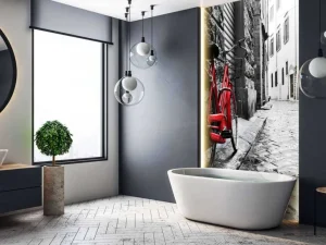 New Rode fiets in een zwart-witte straat fotobehang Transport | Architectuur