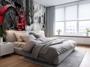New Rode fiets in een zwart-witte straat fotobehang Transport | Architectuur