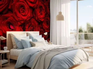 Fashion Rode rozen met druppels water erop fotobehang Slaapkamer | Bloemen