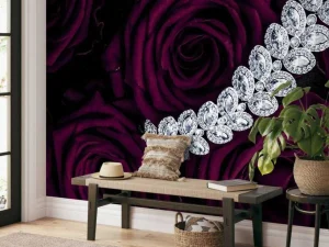 Discount Rode rozen met een diamanten ketting erop fotobehang Tienerkamer | Bloemen