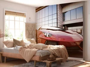 New Rode sportwagen in een moderne stedelijke omgeving fotobehang Transport | 3d