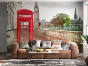 Clearance Rode telefoon cabine met de Big Ben op de achtergrond fotobehang Architectuur