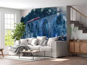 Clearance Rode trein boven een kerstmarkt fotobehang Transport