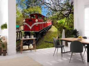 Fashion Rode trein door een parkje fotobehang Transport