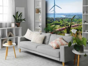 Online Rode trein langs windmolens fotobehang Transport