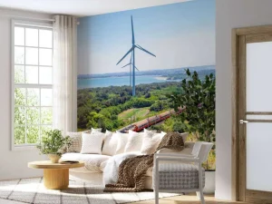 Online Rode trein langs windmolens fotobehang Transport