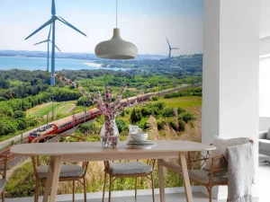 Online Rode trein langs windmolens fotobehang Transport