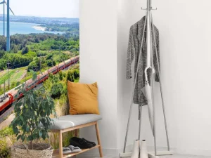 Online Rode trein langs windmolens fotobehang Transport