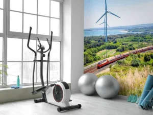 Online Rode trein langs windmolens fotobehang Transport