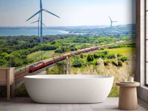 Online Rode trein langs windmolens fotobehang Transport