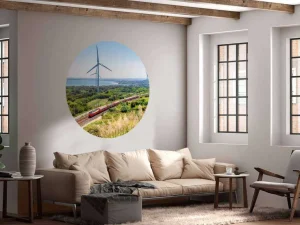 Online Rode trein langs windmolens fotobehang Transport
