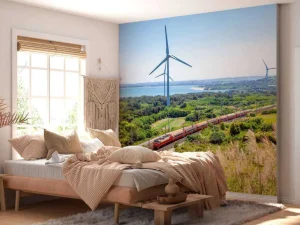 Online Rode trein langs windmolens fotobehang Transport