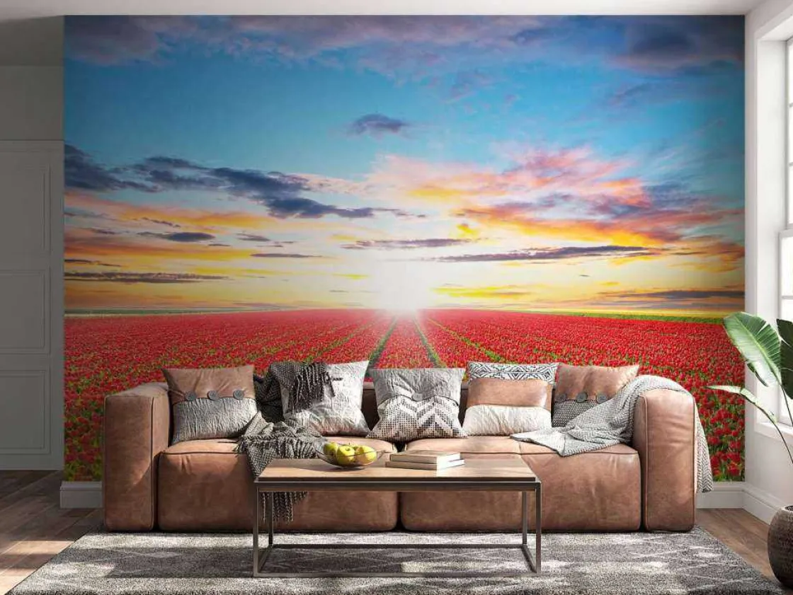 rode_tulpenveld_bij_zonso_2.webp Best Rode tulpenveld bij zonsopkomst fotobehang Steden | Architectuur