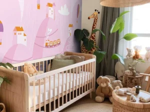Clearance Roze droomstad fotobehang Babykamer