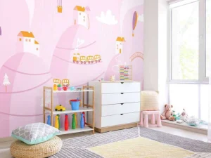 Clearance Roze droomstad fotobehang Babykamer