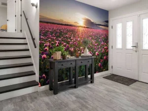 New Roze klaprozenveld bij zonsondergang fotobehang Bloemen
