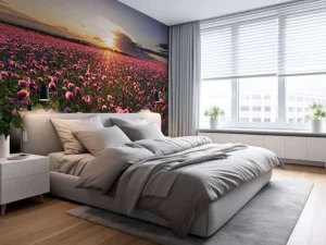 New Roze klaprozenveld bij zonsondergang fotobehang Bloemen
