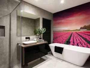 Discount Roze tulpenveld met dynamische kleuren fotobehang Steden | Architectuur