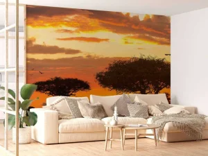 Hot Safari in Afrika bij zonsondergang fotobehang Dieren | Bloemen
