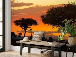 Hot Safari in Afrika bij zonsondergang fotobehang Dieren | Bloemen