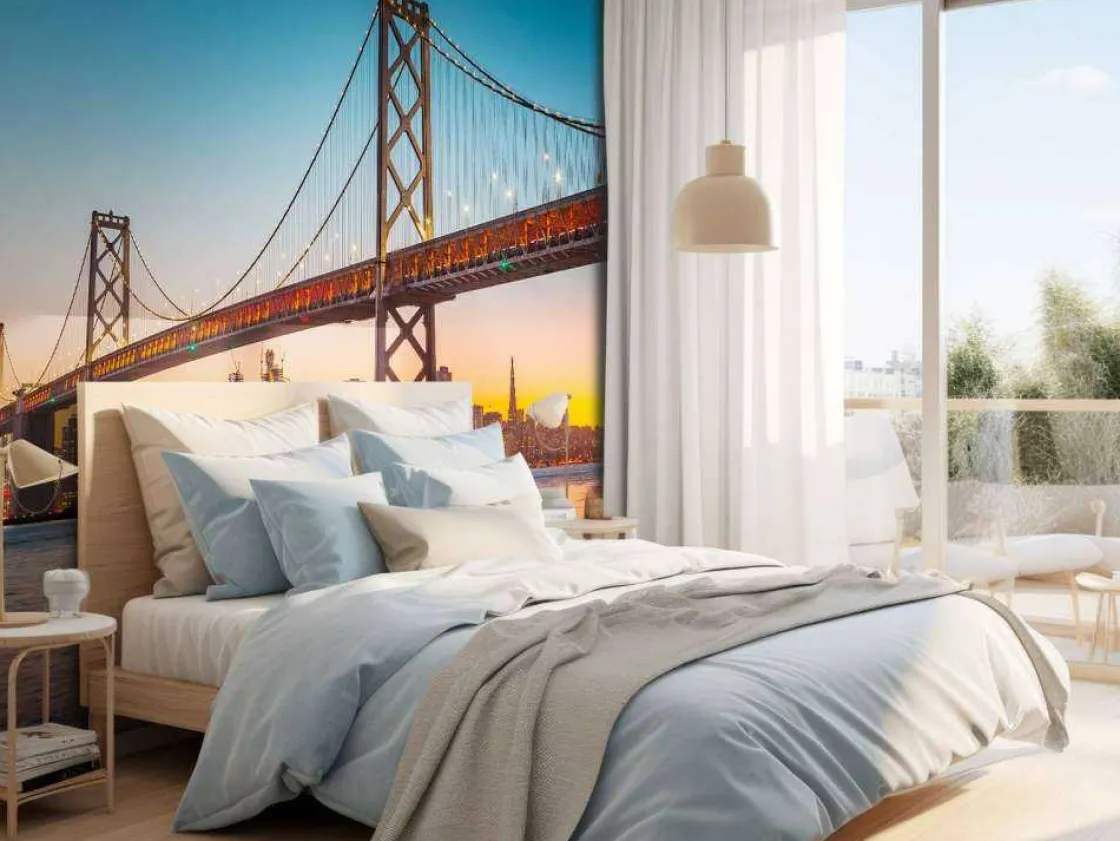san_franciscooakland_bay__1.webp Online San Francisco-Oakland Bay Bridge in de avond fotobehang Architectuur