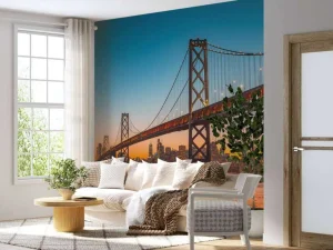 Online San Francisco-Oakland Bay Bridge in de avond fotobehang Architectuur
