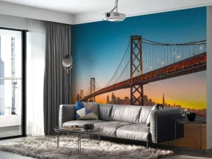 Online San Francisco-Oakland Bay Bridge in de avond fotobehang Architectuur