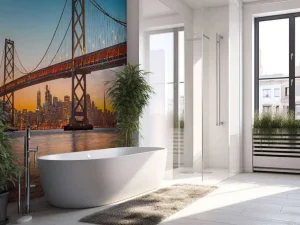 Online San Francisco-Oakland Bay Bridge in de avond fotobehang Architectuur