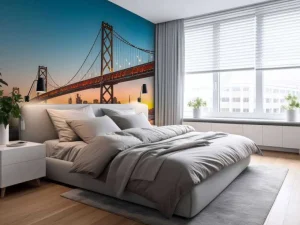 Online San Francisco-Oakland Bay Bridge in de avond fotobehang Architectuur