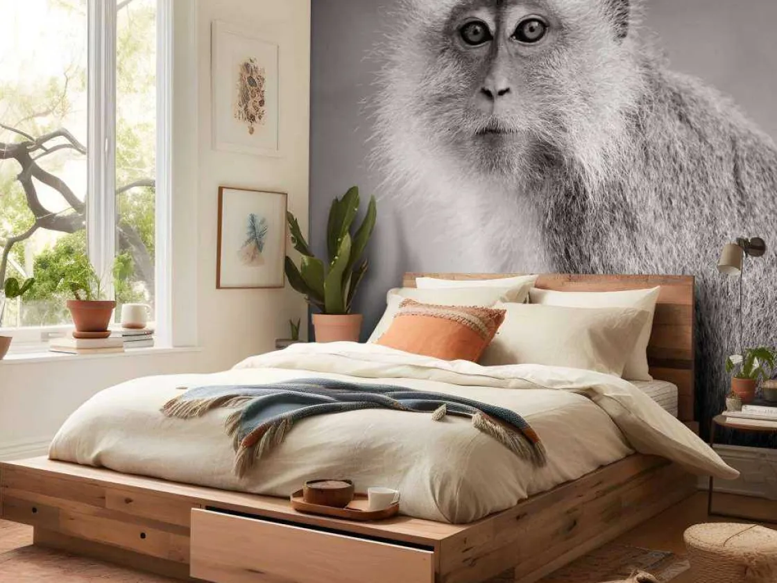 schattig_aapje_in_zwartwi_1.webp Outlet Schattig aapje in zwart-wit fotobehang Hobbykamer | Dieren