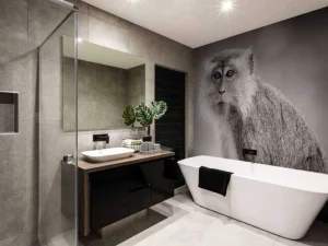 Outlet Schattig aapje in zwart-wit fotobehang Hobbykamer | Dieren