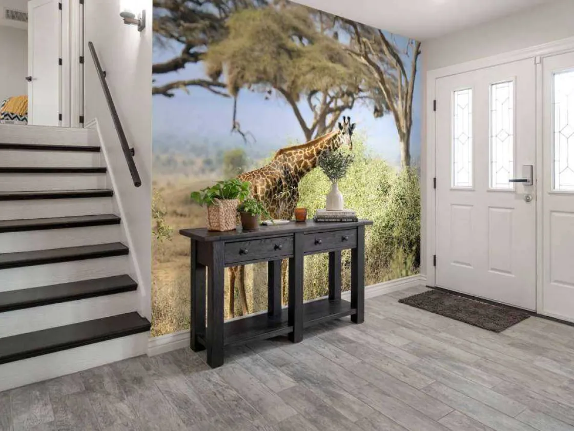 schattige_giraffe_tussen__4.webp Best Schattige Giraffe tussen struiken fotobehang Dieren | Bloemen