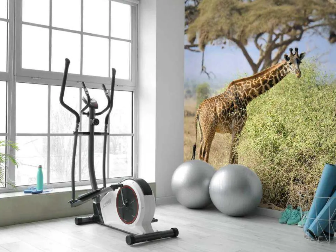 schattige_giraffe_tussen__8.webp Best Schattige Giraffe tussen struiken fotobehang Dieren | Bloemen