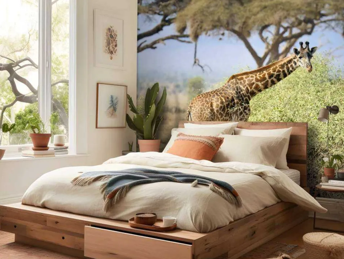 schattige_giraffe_tussen__9.webp Best Schattige Giraffe tussen struiken fotobehang Dieren | Bloemen