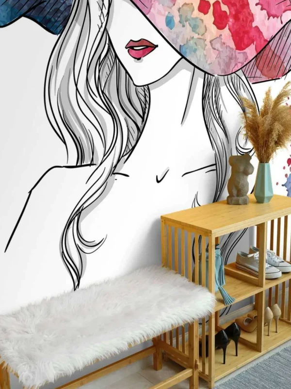 Online Schets van een vrouw met een hoed fotobehang Tienerkamer