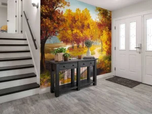 Hot Schilderij van een brug in het bos fotobehang Bloemen