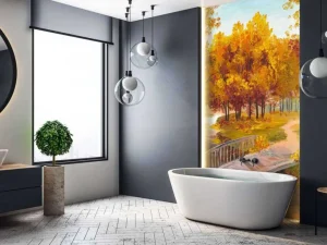 Hot Schilderij van een brug in het bos fotobehang Bloemen