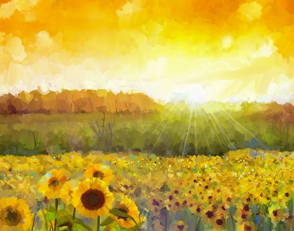 schilderij_van_een_zonneb_0.webp Hot Schilderij van een zonnebloemen landschap fotobehang Bloemen