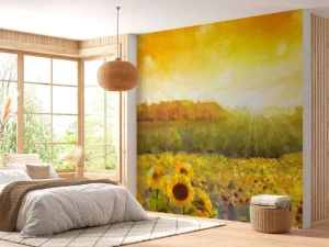 Hot Schilderij van een zonnebloemen landschap fotobehang Bloemen