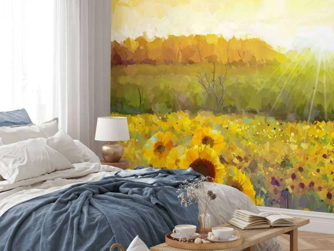 schilderij_van_een_zonneb_9.webp Hot Schilderij van een zonnebloemen landschap fotobehang Bloemen