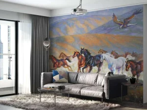 Best Schilderij van paarden en een vliegende adelaar fotobehang Kinderkamer | Kunst & Design