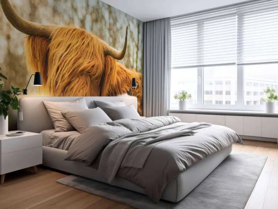 schotse_hooglander_bij_zo_1.webp Outlet Schotse Hooglander bij zonsopkomst fotobehang Dieren