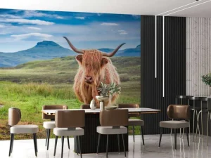 New Schotse Hooglander in een berglandschap fotobehang Dieren