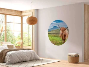 New Schotse Hooglander in een berglandschap fotobehang Dieren