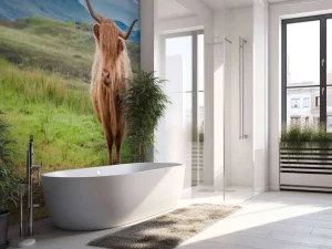 New Schotse Hooglander in een berglandschap fotobehang Dieren