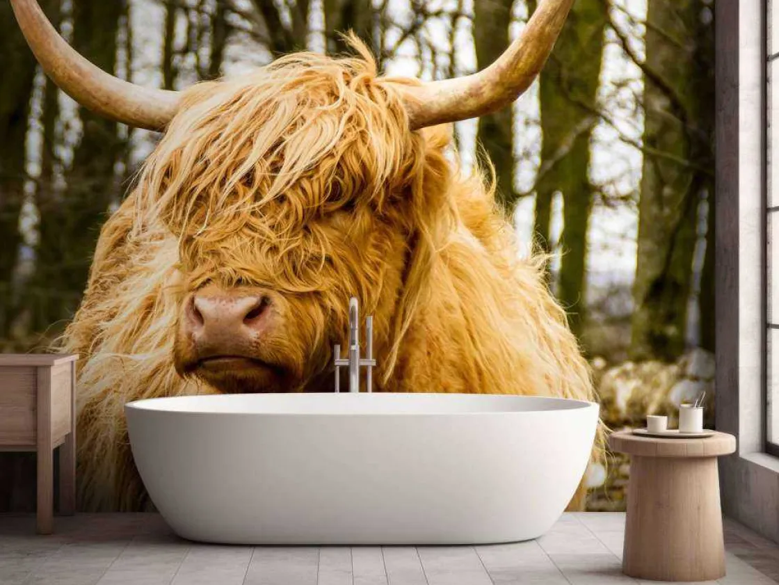schotse_hooglander_met_bo_5.webp Best Schotse Hooglander met Bomen op achtergrond fotobehang Dieren