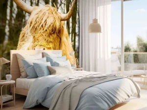 Best Schotse Hooglander met Bomen op achtergrond fotobehang Dieren