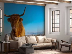 Hot Schotse Hooglander met een blauwe lucht fotobehang Dieren