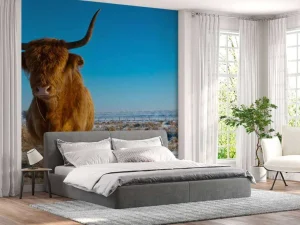 Hot Schotse Hooglander met een blauwe lucht fotobehang Dieren